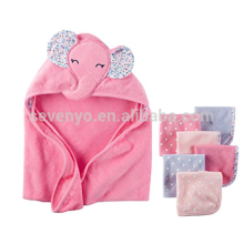 Cute Pink Smiling Elephant Baby Bath Time Hooded Towel and 6 Pack Soft Washcloths Set,100% Natural Cotton